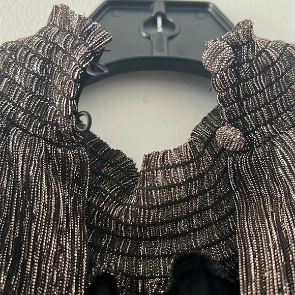 1. State. Smock Neck Sleeveless Fit & Flare Dress. Brown with Gold. Size S/M - Picture 4 of 7